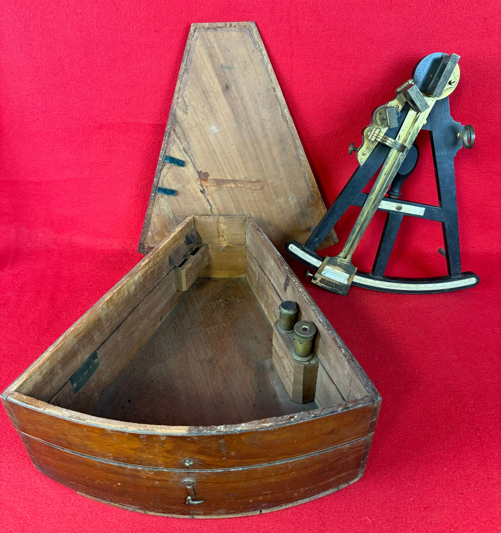 1840's Ebony & Bone Sextant w Box: Antique 1840's ebony with bone scales sextant in its original box. Sextant has a ribbed brass index arm which measures approximately 12" and a bone arc which runs from 0 to plus 105 degrees. Instrumen