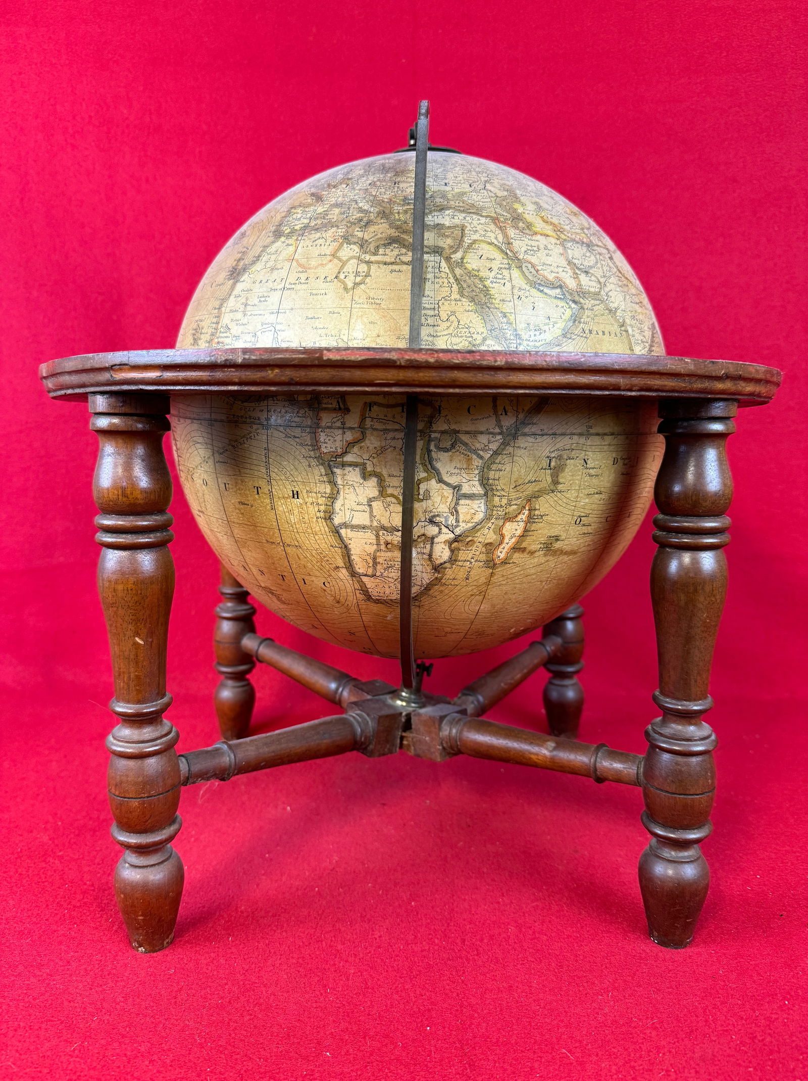 19th C George Philip & Son Smith's Terrestrial Library Globe: Antique 19th century George Philip & Son Smith's 10" Terrestrial Library Globe on a turned wooden stand. Globe has brass meridian ring and a wooden horizon ring marked with both months and signs of th