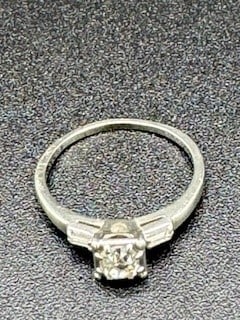 .50CT Diamond Lady's 18K Wh Gold Engagement Ring: Ladies 1.8DWT 18K white gold vintage engagement ring, illusion style head marked 18K Jabel. The center stone is a mine cut diamond approximately .50ct calculated (4.91x4.23x3.10 mm) H-I color; S12 cla