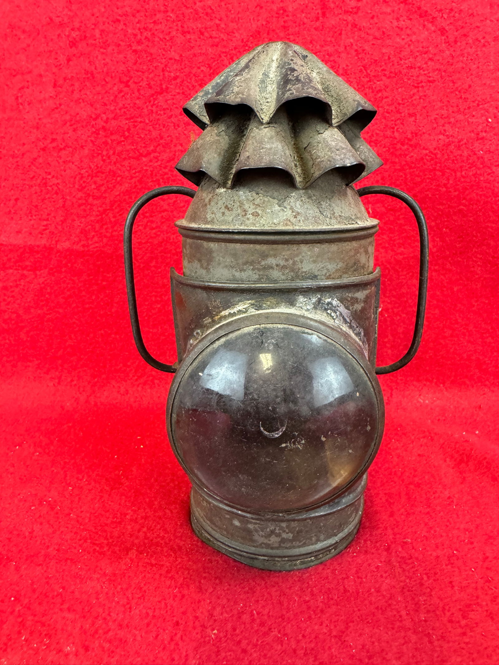 Antique Bullseye Lantern w/orig. Whale Oil Burner: Antique so called bullseye or police signal lantern with its original whale oil burner. Lantern base rotates which in turn causes a shield to move on the interior in front of the lens so as to enable