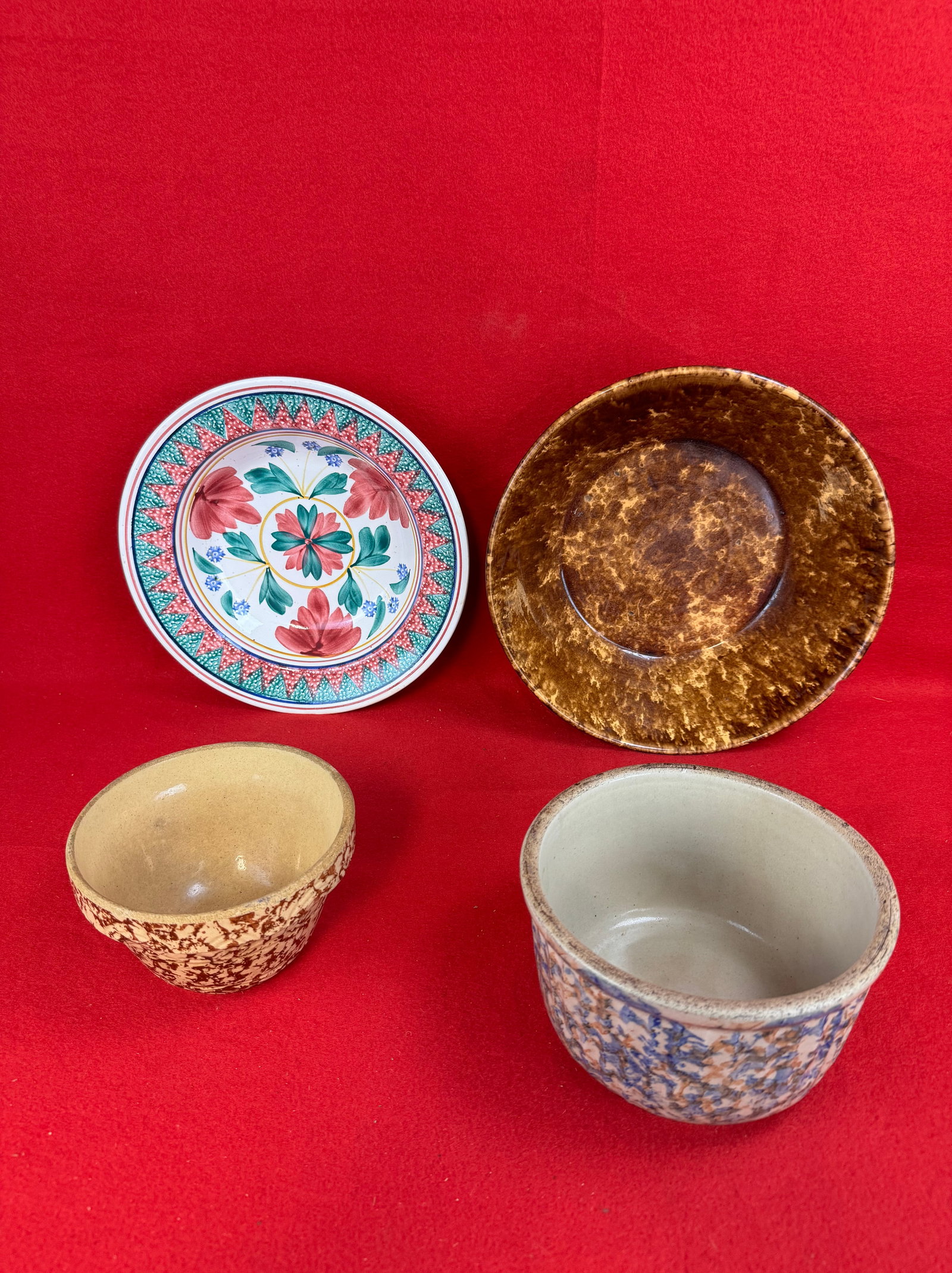 Lot 4 Antique Spongeware Pottery - Red Wing Etc: Lot of four antique pieces of pottery to include a unusual burgandy sponge decorated small mixing bowl 6" diameter and is 3 5/8" tall excellent condition; Red Wing Blue and brown sponge decorated kitc