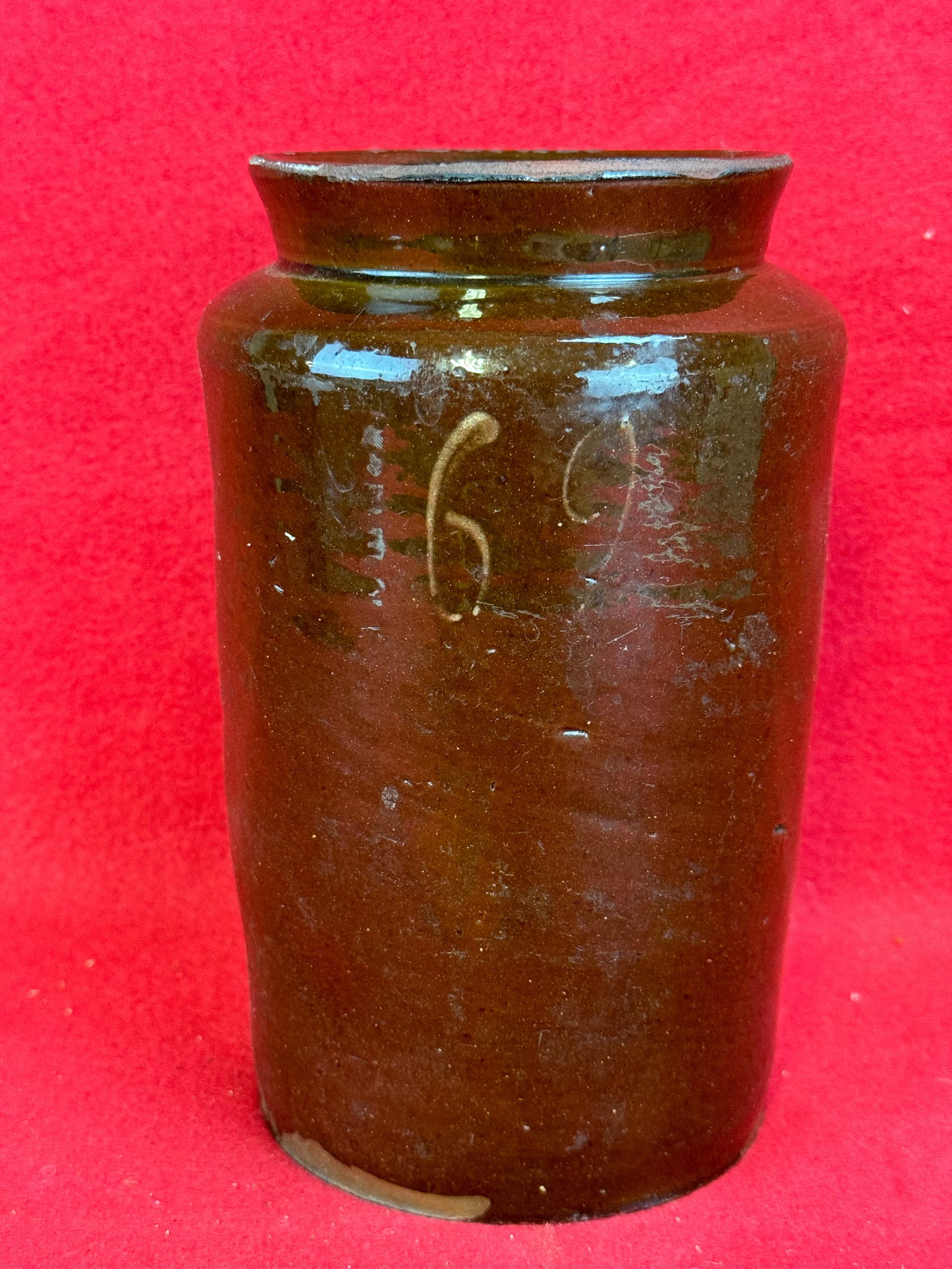 Antique Redware Jar w/ Number 69 In Slip On Side: Unusual antique first half of the 19th century New York or New England straight sided 11" tall redware jar with the number 69 written in slip on the side. Condition - excellent with just a couple very