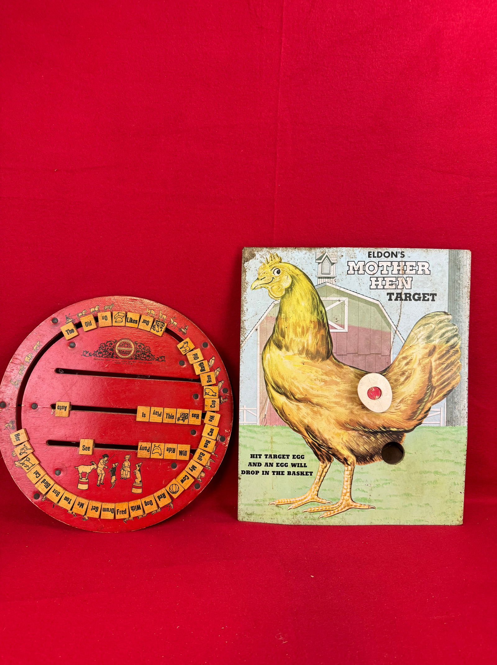 Lot 2 Vintage Childrens Games: Lot of two vintage children's games to include Eldon's Mother Hen Target (lithographed tin over cardboard) and a Cress Educational Board which is reversible and carries a last patent date of 1916. The