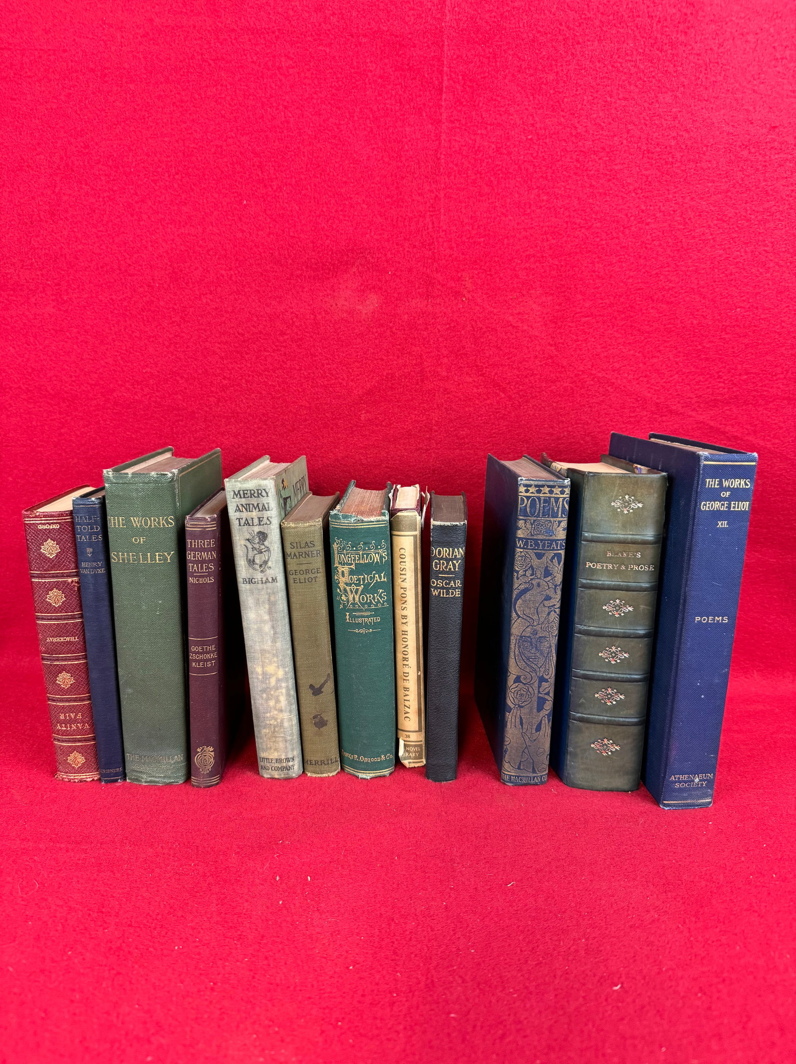 Lot Of 12 Vintage & Antique Books: Lot of twelve books by various authors to include The Works of George Elliot; Longfellow's Poetical Works; The Works Of Shelley; Blake's Poetry Prose; Three German tales; Poems by W B Yeats; half Told
