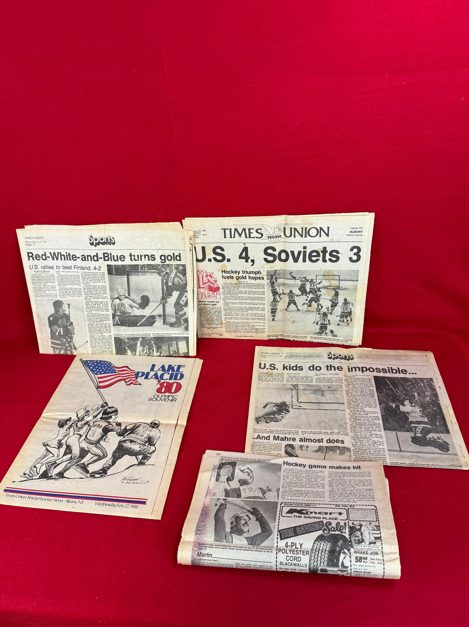 Orig.1980 Lake Placid Newspapers "Miracle On Ice": Lot of original period newspapers related to the United States Hockey Teams 4 to 3 victory over Russia in the 1980 Lake Placid Winter Olympics semifinal which has become know as the Miracle On Ice. Th