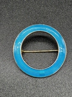 Denmark Sterling Silver & Blu Enamel Circular Pin: Vintage marked sterling silver and blue guilloche enamel circular pin which was made in Norway / Denmark. Pin measures approximately 1 1/8" in diameter and has a weight of .13 ozt. Condition - excelle