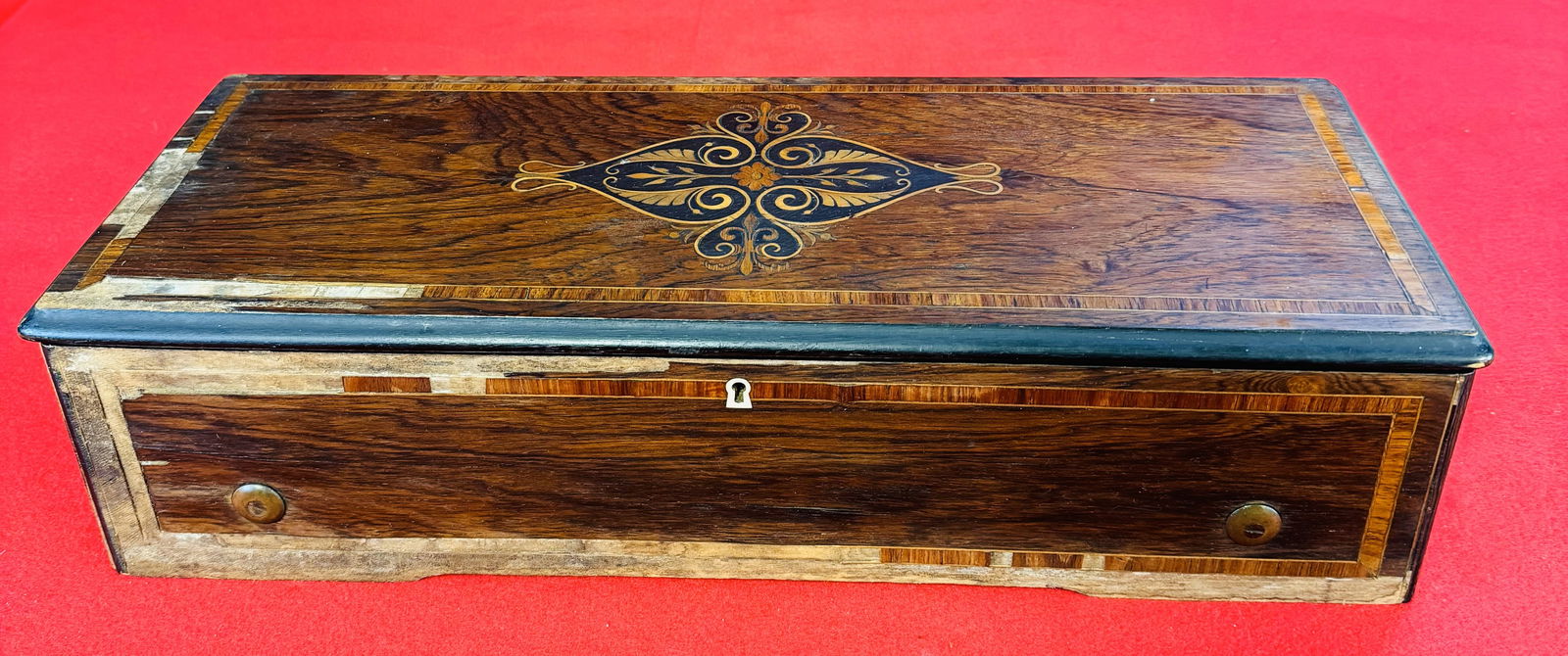 Victorian Swiss Music Box: Victorian Swiss Made Cylinder Music Box Which Measures Approximately 21 3/4" Long By 5 1/4" Tall By 8 3/4" Deep With A 13" Long Cylinder. Music Box Does Work But Needs Adjustment And Comb Is Intact Wi