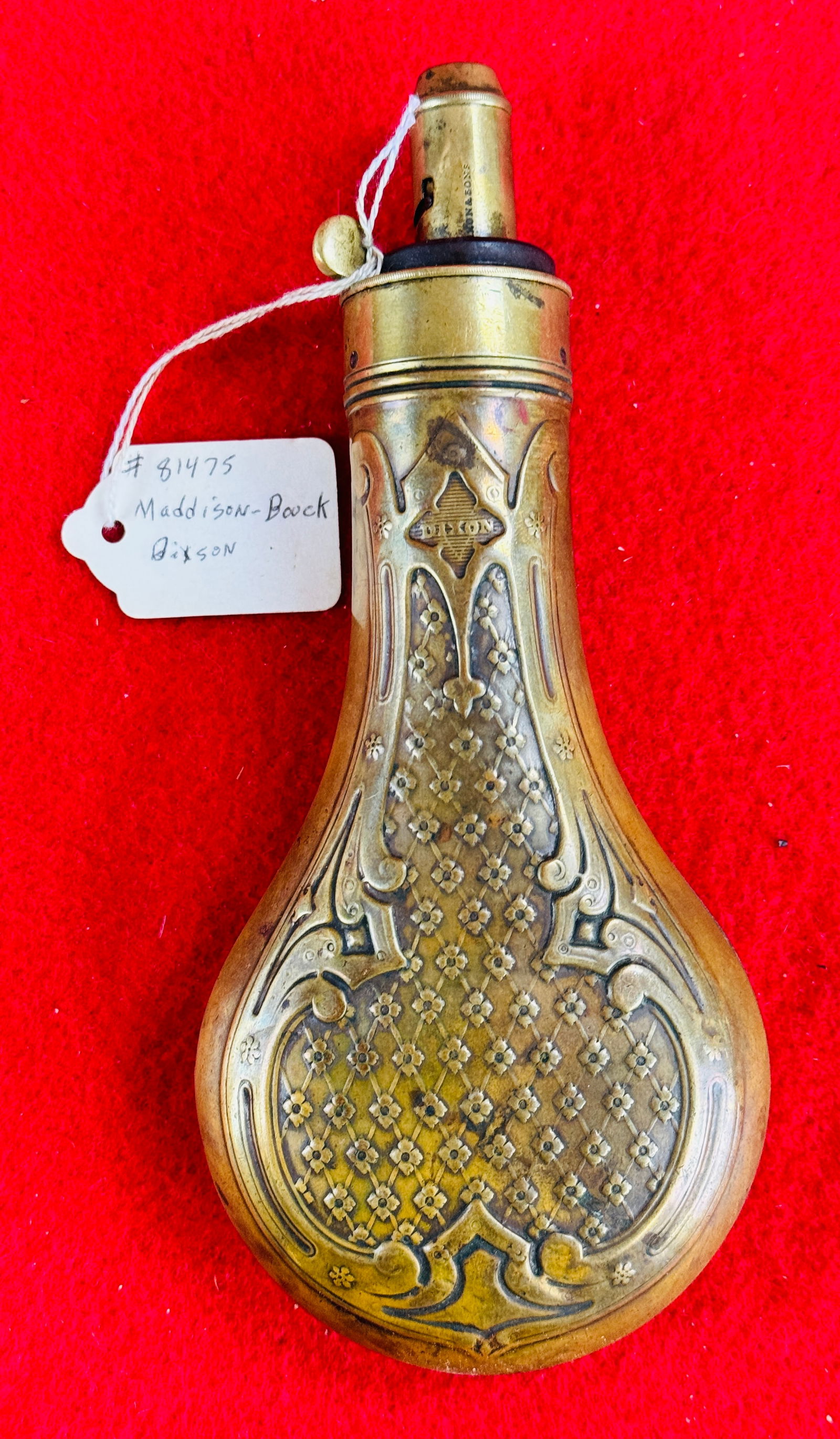 Dixon  Brass Powder Flask Ornate Embossed Design (1 of 4)