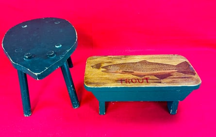 Lot 2 Vintage Cricket Stools One With Trout