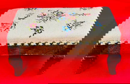 Antique Cricket Stool With Needlework Top