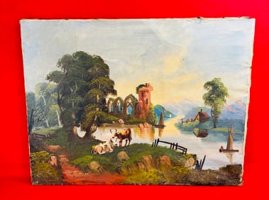 19th C Oil Primitive Painting On Canvas