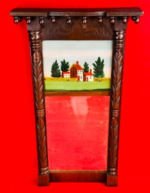 Antique Carved Walnut Mirror-Reverse Painted Top