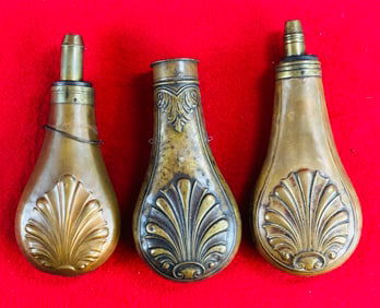 Lot of 3 Antique Brass Powder Horns W Embossing