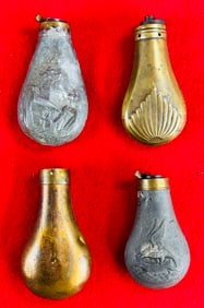 Lot 4 Antique Pistol Size Powder Flasks