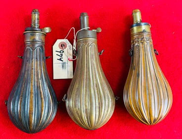 3 Antique Ribbed Copper & Brass Powder Flasks