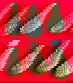 6 Antique Copper & Brass Powder Flasks (as is)