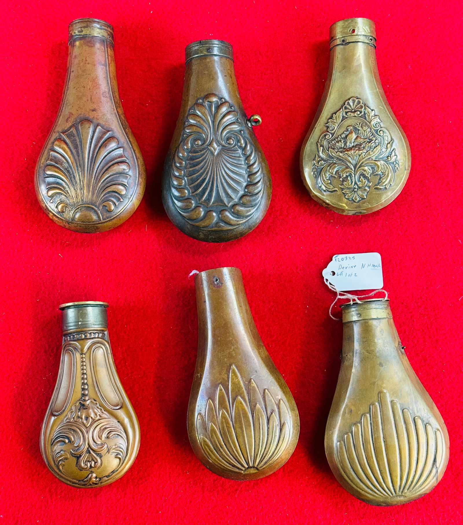6 Antique Copper & Brass Powder Flasks (as is) (1 of 4)