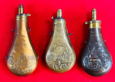 3 Antique Copper & Brass Powder Flasks W Scenes