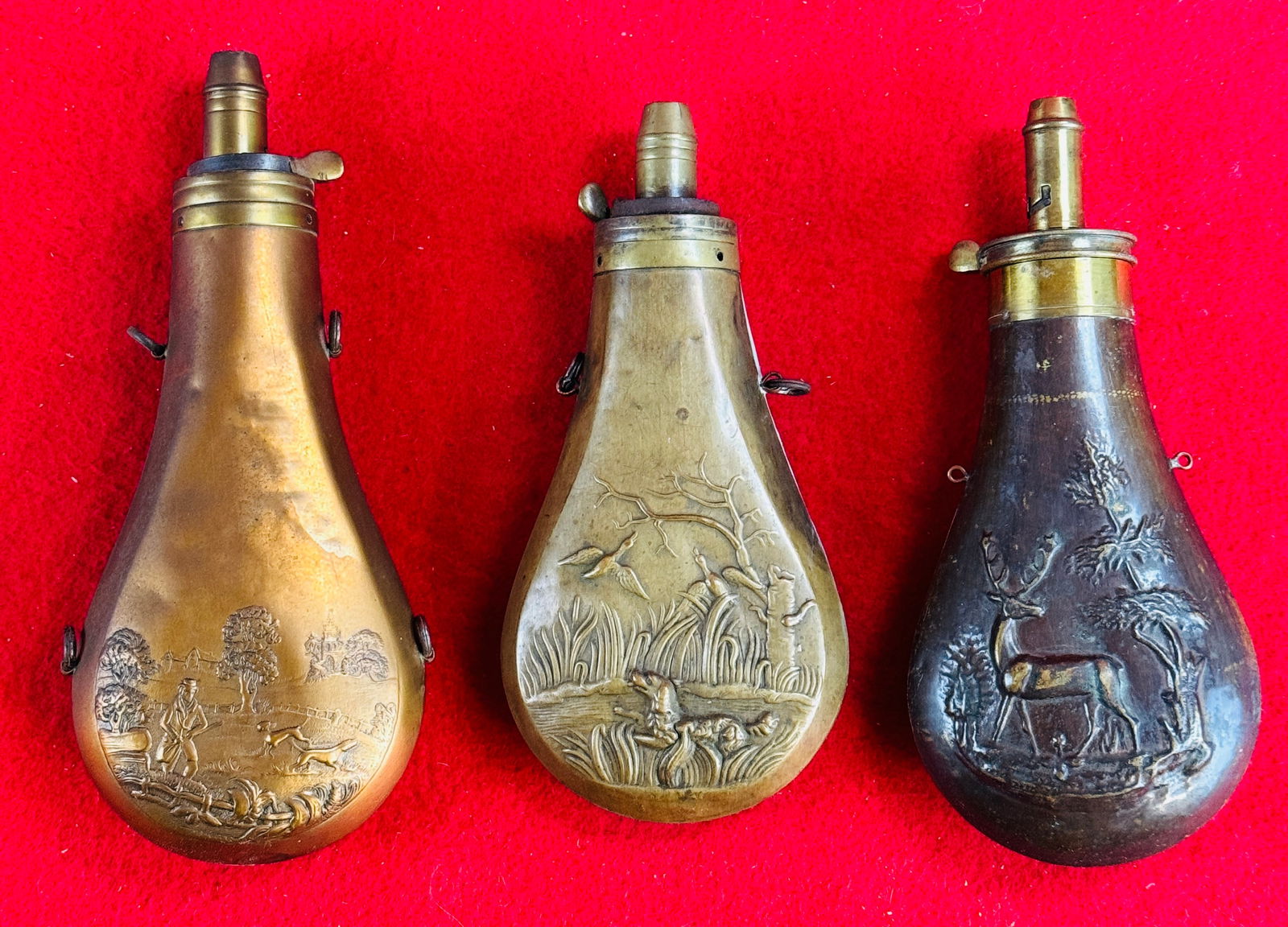 3 Antique Copper & Brass Powder Flasks W Scenes (1 of 4)