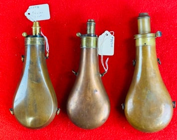 3 Antique Copper & Brass Powder Flasks 1 Signed