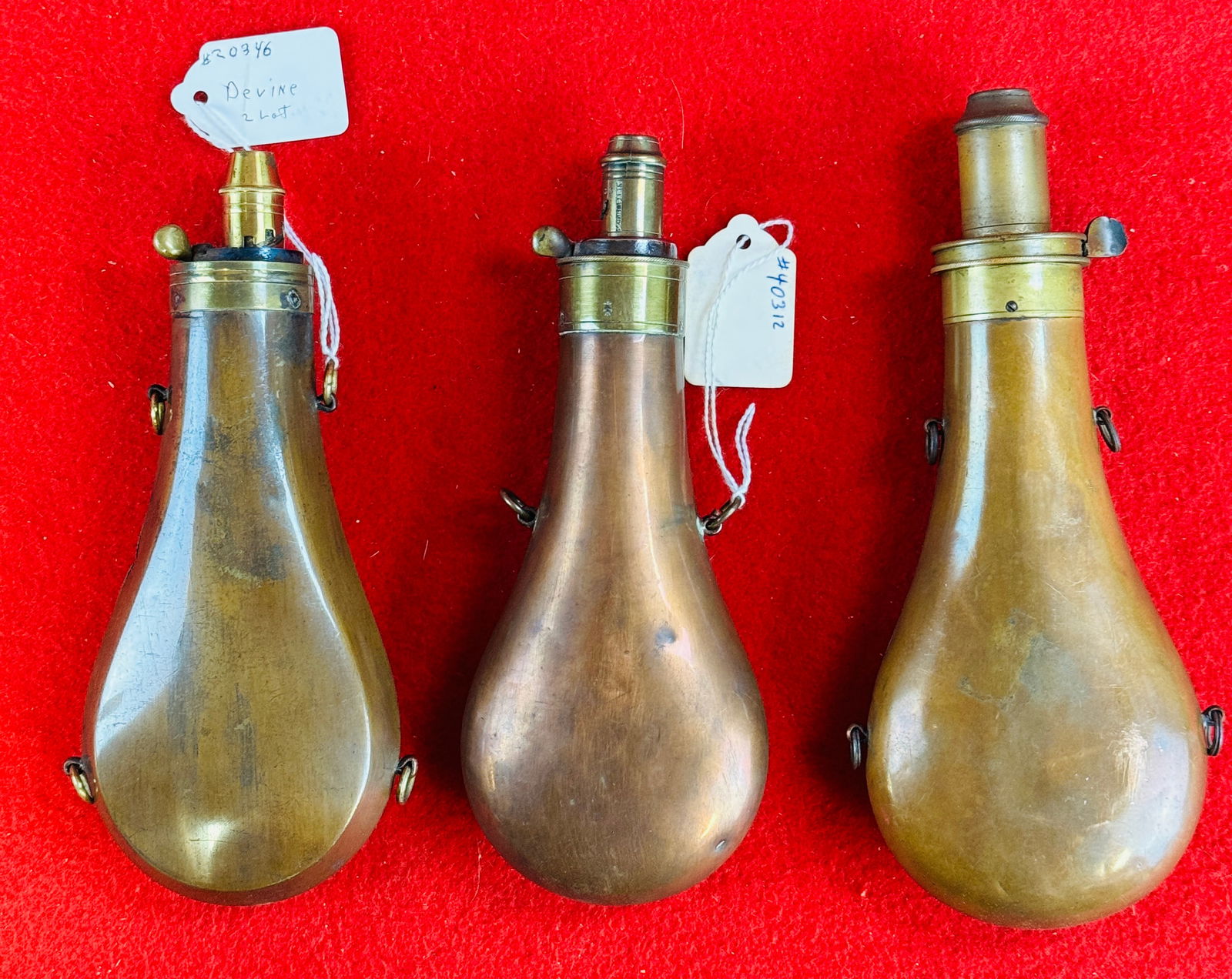 3 Antique Copper & Brass Powder Flasks 1 Signed (1 of 5)