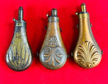 Lot of 3 Antique Copper & Brass Powder Flasks One Signed Sykes