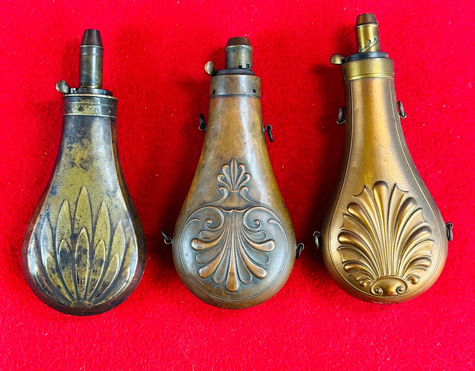 Lot of 3 Antique Copper & Brass Powder Flasks One Signed Sykes (1 of 6)