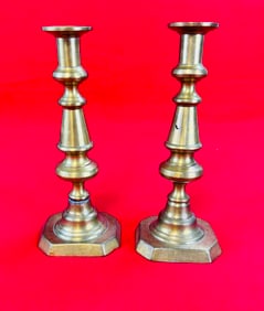 Antique Pair Brass Pushup Candlesticks