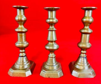 Lot 3 Antique Brass Pushup Candlesticks