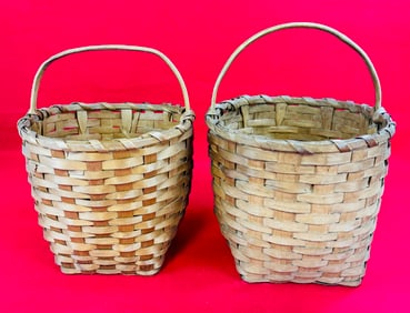 Lot of 2 Antique Ash Baskets With Carved Handles