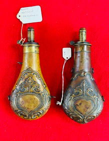 Lot 2 Antique Copper & Brass Signed Powder Flasks