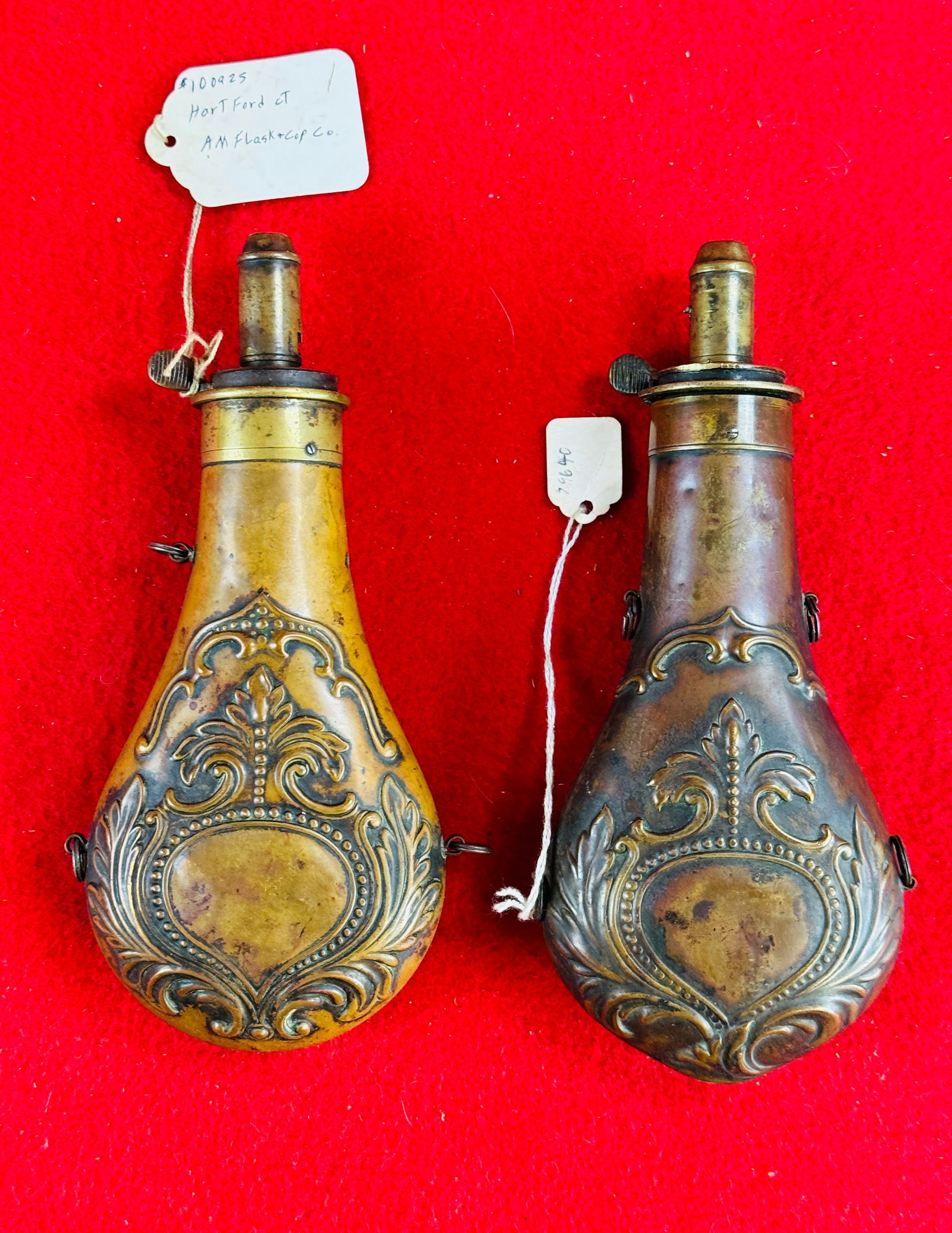 Lot 2 Antique Copper & Brass Signed Powder Flasks (1 of 6)