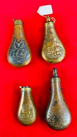 Lot of 4 Antique Copper & Brass Powder Flasks
