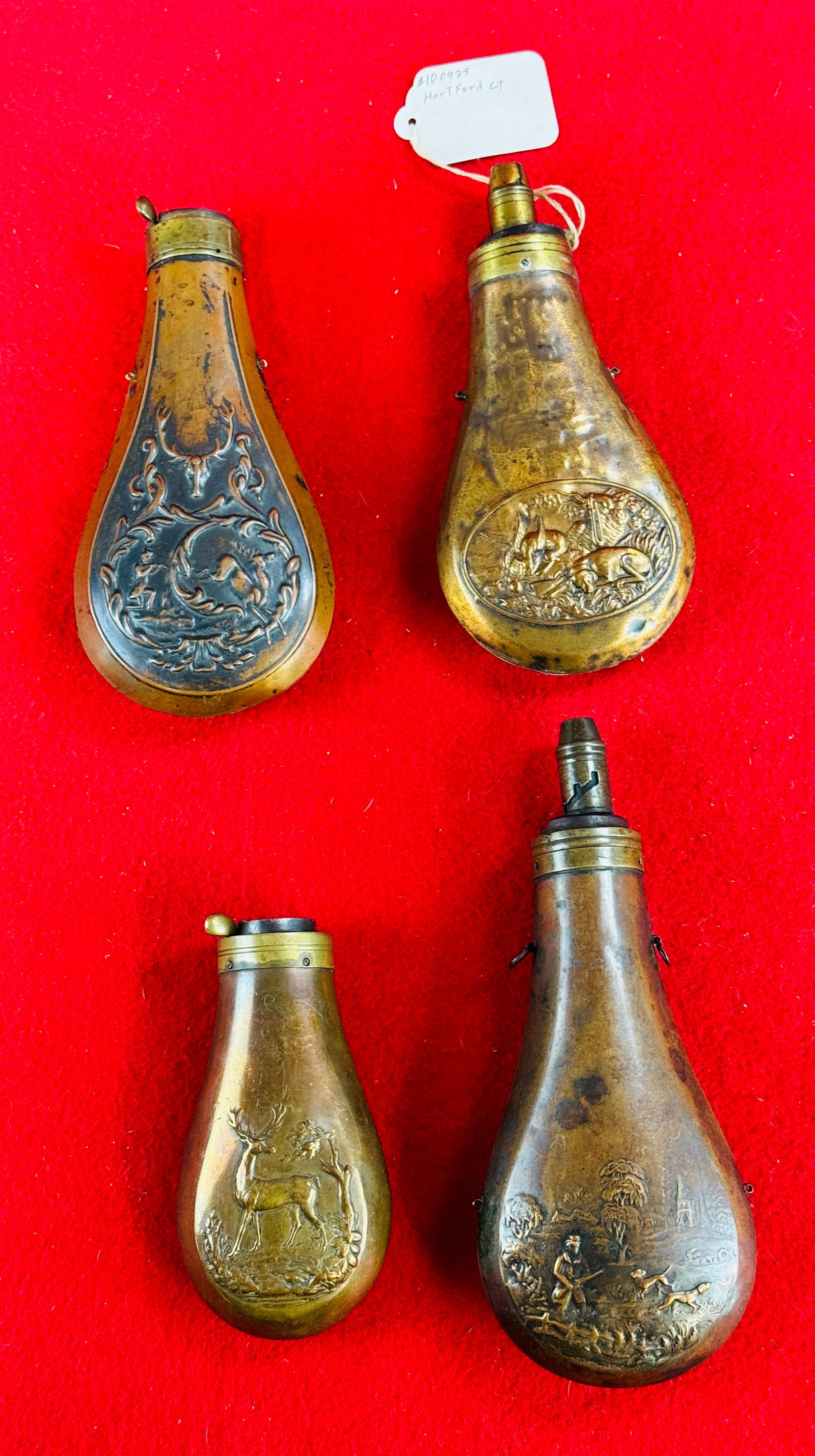 Lot of 4 Antique Copper & Brass Powder Flasks (1 of 4)