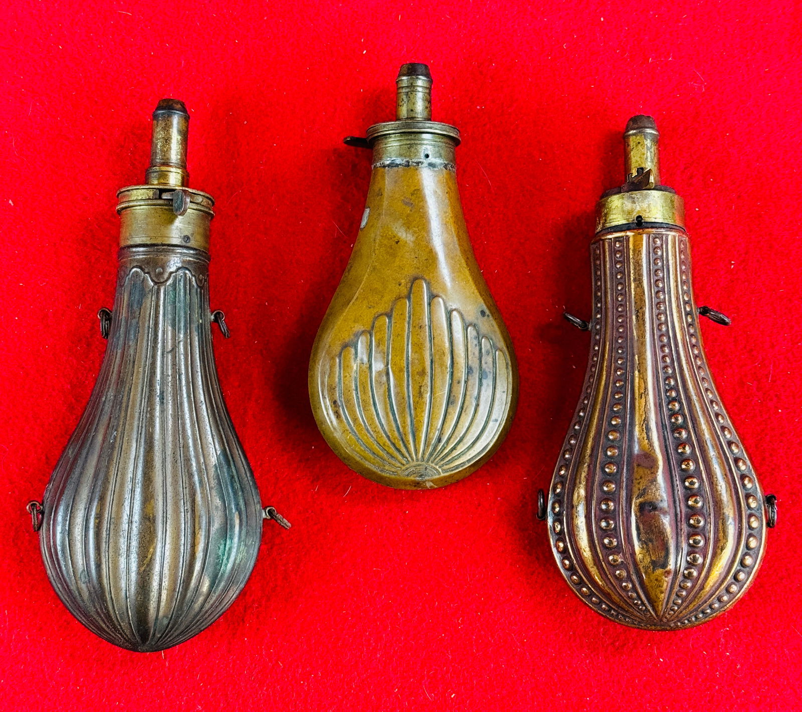 Lot of 3 Antique Copper & Brass Powder Flasks (1 of 4)