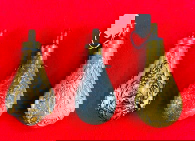 Lot of 3 Antique Zinc & Brass Powder Flasks