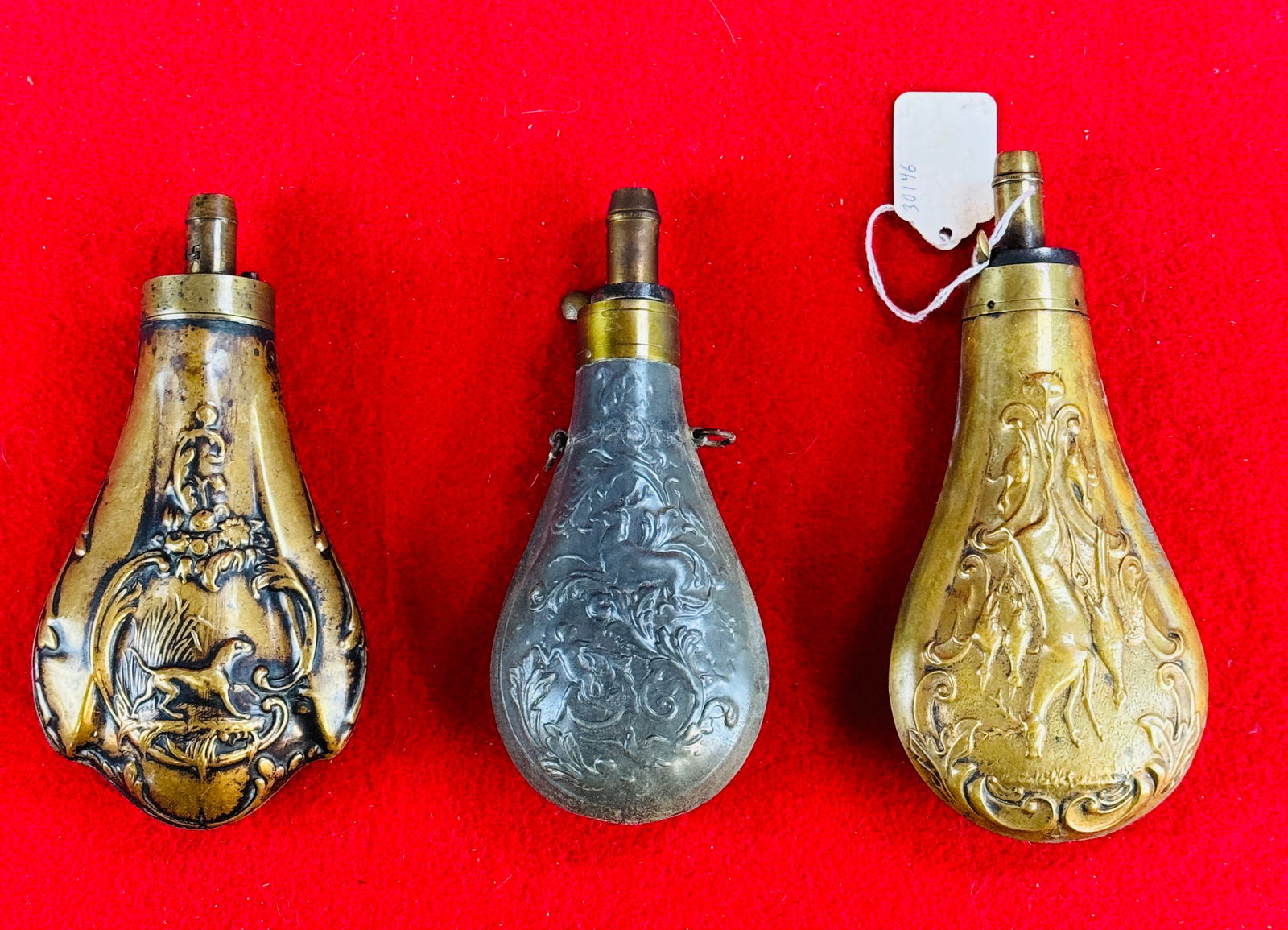 Lot of 3 Antique Zinc & Brass Powder Flasks (1 of 5)