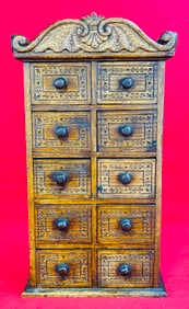 Antique Carved Oak Hanging Multi Draw Cabinet