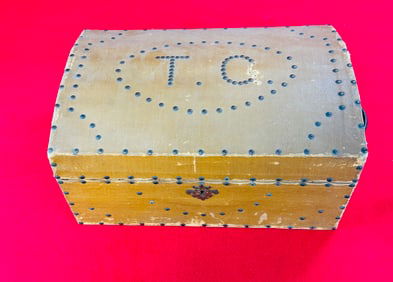 Antique Oilcloth & Tack Decorated Domed Trunk