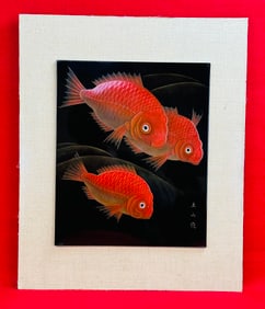 Signed Japanese Lacquer work Picture Of Koi Fish