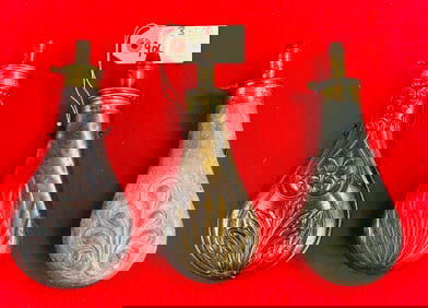 3 Antique Zinc & Copper Powder Flasks 1 Signed