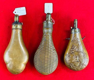 Lot of 3 Antique Copper & Brass Powder Flasks