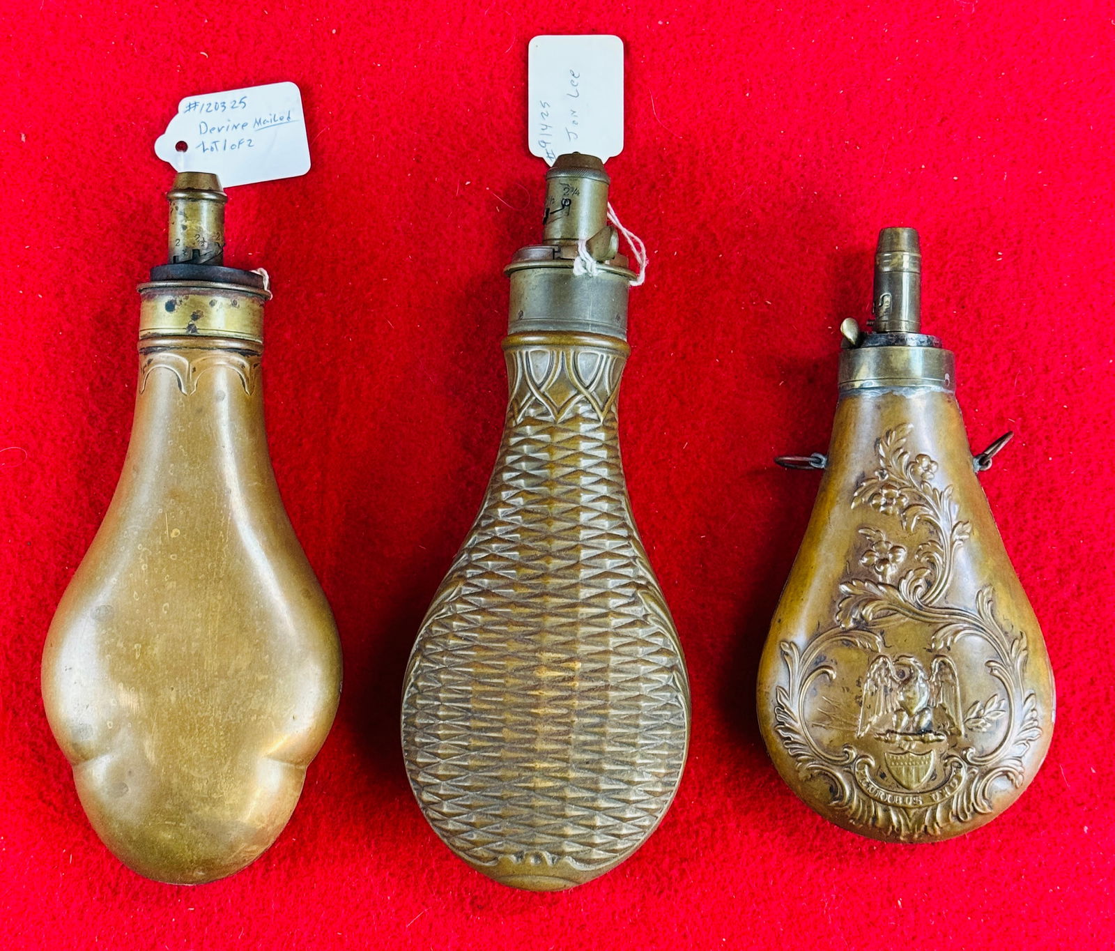 Lot of 3 Antique Copper & Brass Powder Flasks (1 of 4)