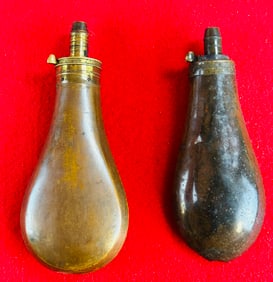 2 Antique Copper & Brass Powder Flasks 1 Signed