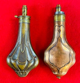 Lot of 2 Antique Copper & Brass Powder Flasks