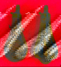 2 Copper & Brass Powder Flasks W Embossed Design