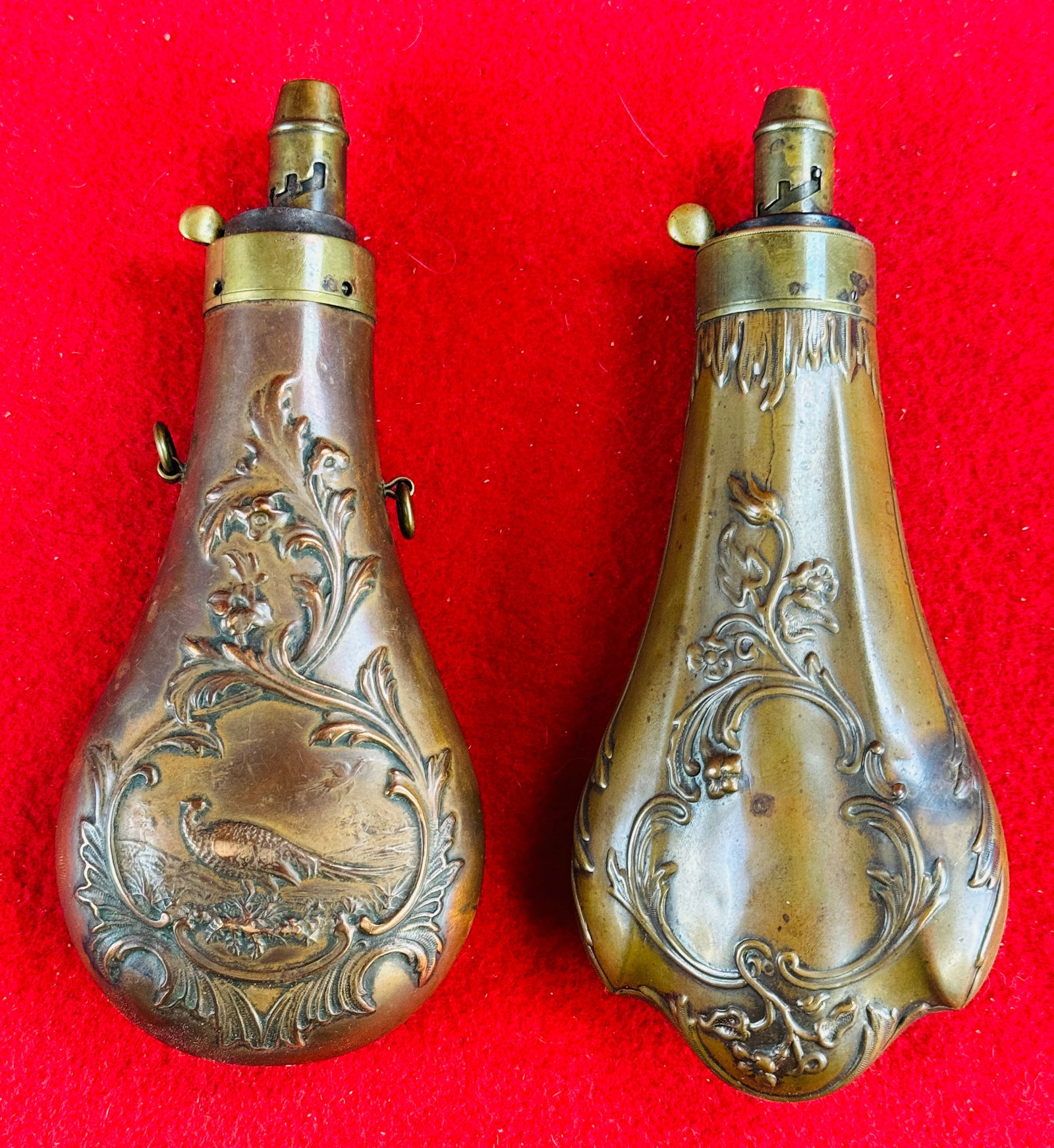 2 Copper & Brass Powder Flasks W Embossed Design (1 of 4)