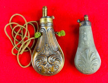 2 Antique Embossed Copper & Zinc Powder Flasks