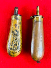 2 Antique Copper & Brass Powder Flasks 1 Signed