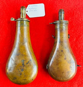 2 Antique Copper & Brass Powder Flasks Signed